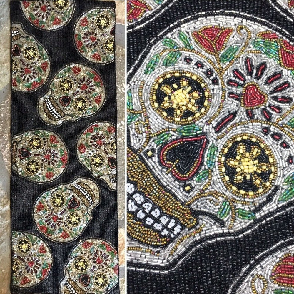 Nicole Miller Beaded Sugar Skull Heart Roses Table Runner Halloween Centerpiece